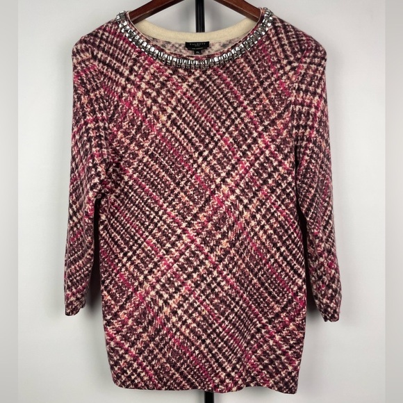 Talbots Pink Purple Houndstooth Plaid 100% Cashmere Rhinestone Collar Sweater - Picture 2 of 7